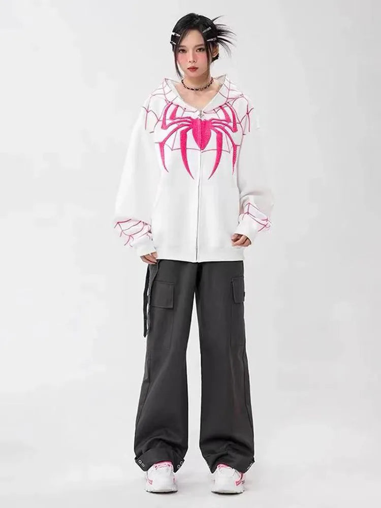 Gothic Y2k Anime Embroidery Zipper Spider Hoodies Woman