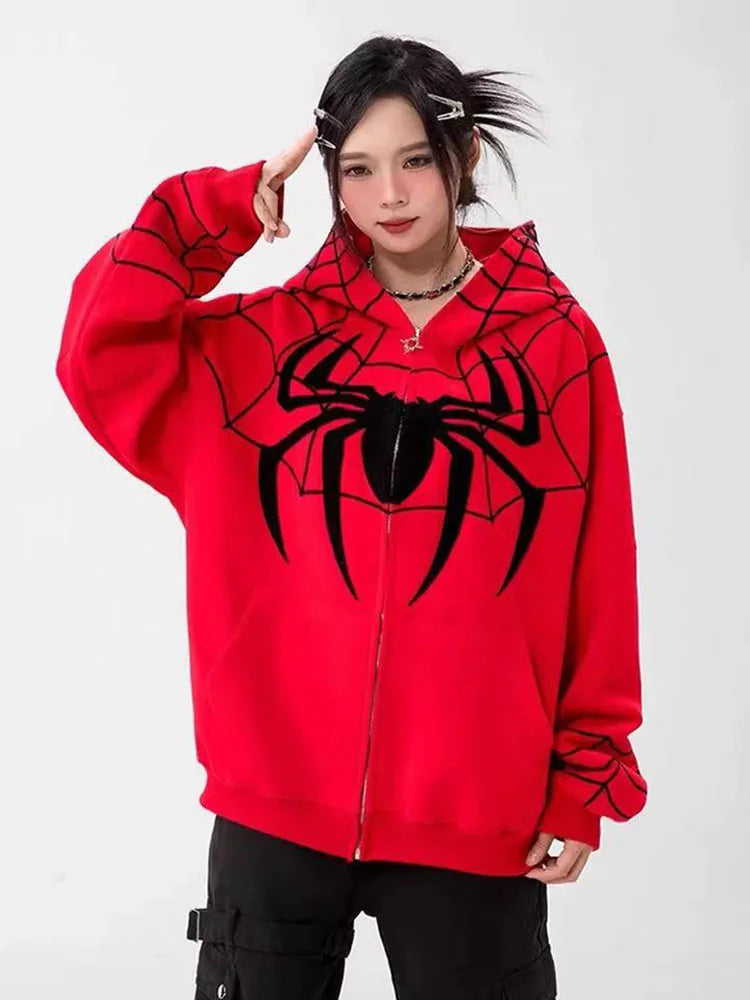 Gothic Y2k Anime Embroidery Zipper Spider Hoodies Woman