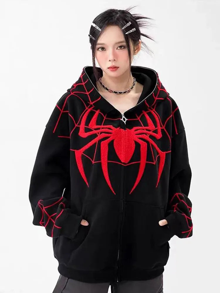 Gothic Y2k Anime Embroidery Zipper Spider Hoodies Woman